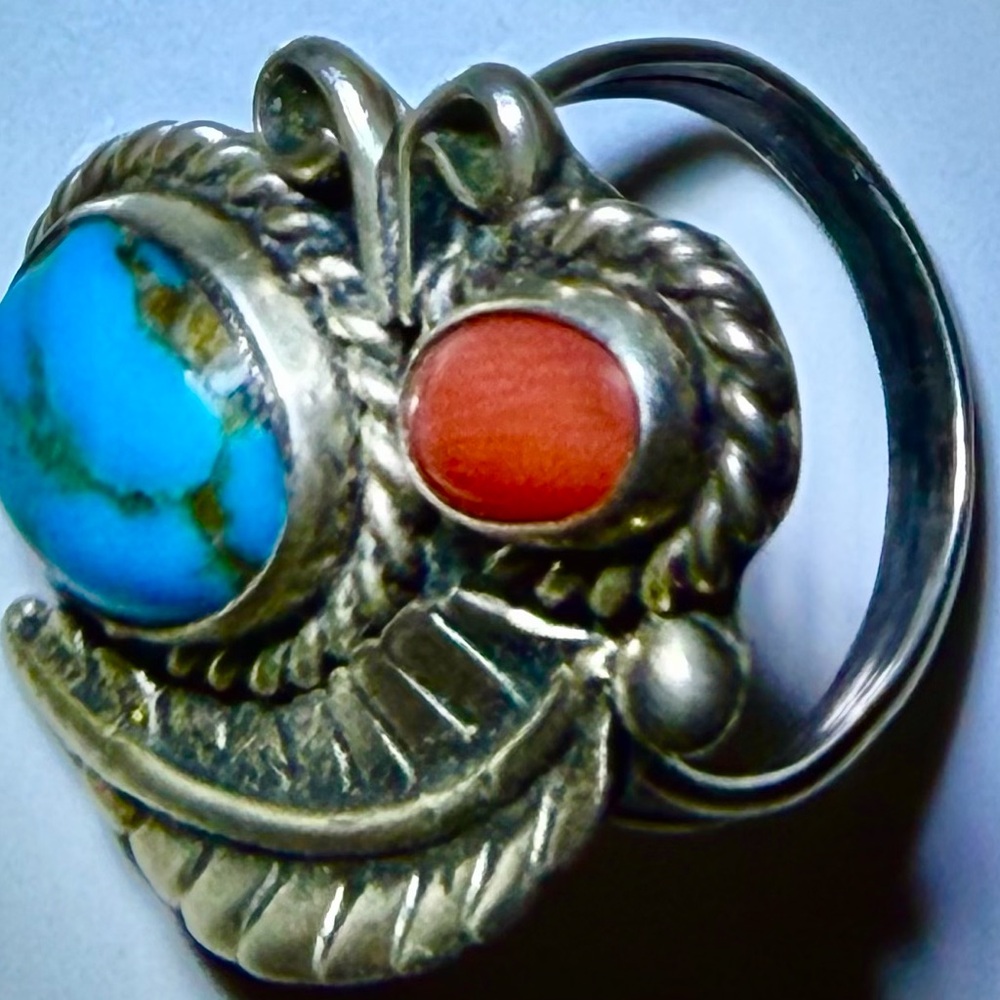 Vintage Sterling Silver Turquoise & Coral Statement Ring | Southwestern